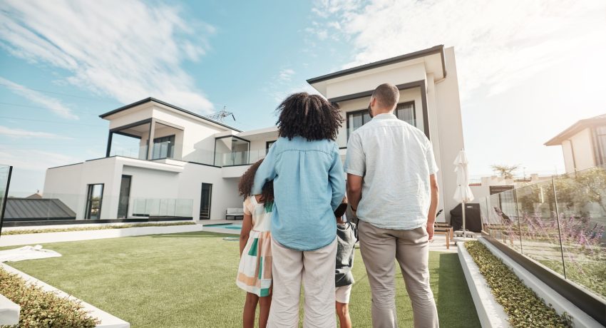 Love, new house and family in their backyard together looking at their property or luxury real esta